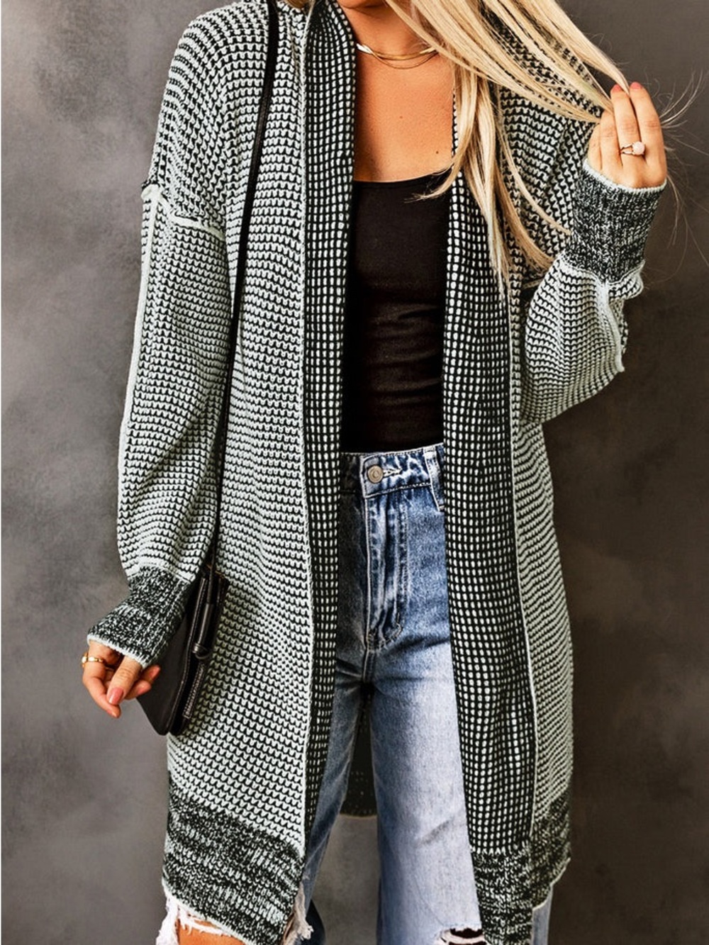 Women’s Cardigan Sweater Black & White Open Front Knit Reverse Seam Plus Sz 2XL